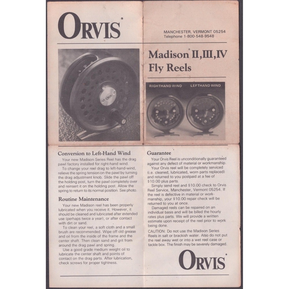 Vintage 1980s Orvis Madison II III IV Fly Reel Manual Guarantee Manchester VT